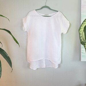 Terzo Millennio Linen White High Low Loose Fitting Button Back Boat Neck Top S